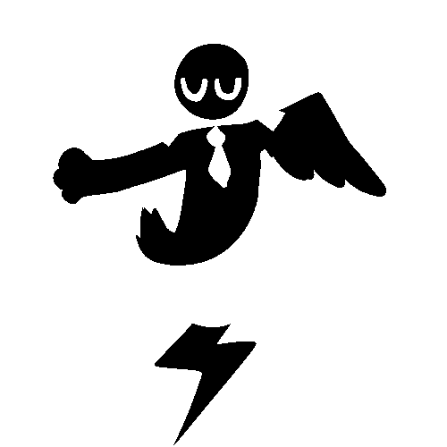 a person with an arrow wrapping around them. they have one arm with a paw, one wing, a lightning bolt instead of feet, a necktie, glow marks around their head, a short fuzzy tail, and closed eyes. the person pure is pure black and the arrow is pure white